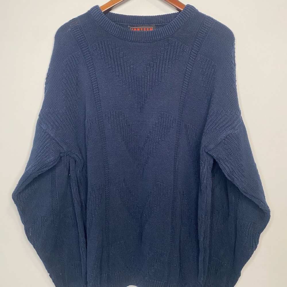 Vintage Jantzen Sport Cable Knit Sweater Men Large Navy Blue Oversized
